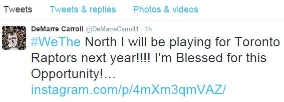 DeMarre Carroll says he's heading to the Raptors