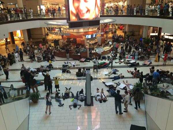 Protestors demonstrate at mall